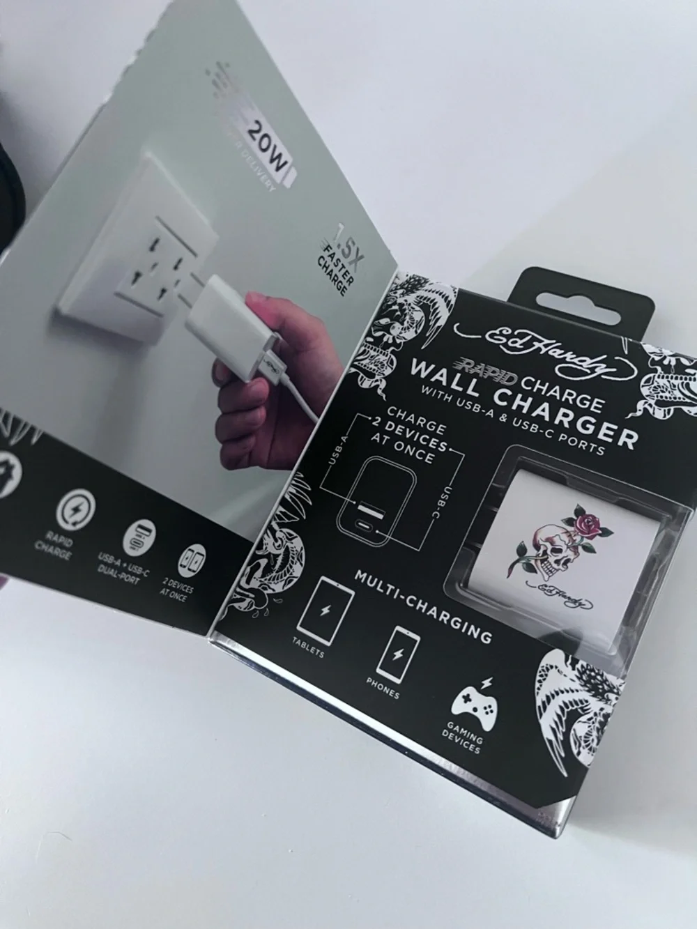 Ed Hardy Rapid Charge Wall Charger with Skull & Rose Tattoo Graphic
